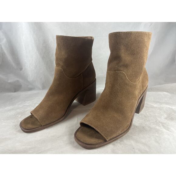 Lucky Brand Peep Toe Ryemi Topanga Tan Suede Booties Block Heels US Size 8.5 M - Picture 2 of 8